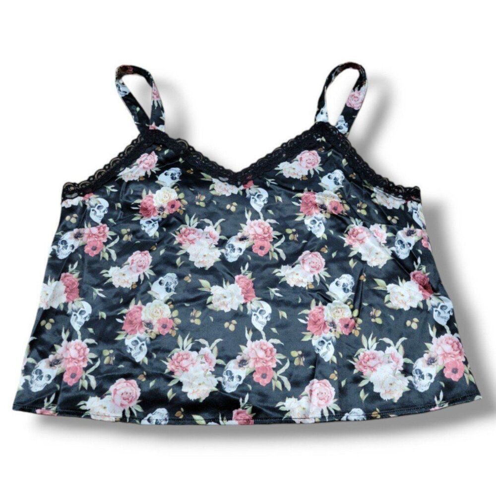 Hot Topic Top Size Medium Neck Crop Cami Camisole Tank Top Skulls Roses New NWOT